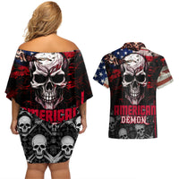 Skull Couples Matching Off Shoulder Short Dress and Hawaiian Shirt American Demon - Wonder Print Shop