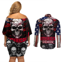 Skull Couples Matching Off Shoulder Short Dress and Long Sleeve Button Shirts American Demon - Wonder Print Shop
