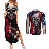 Skull Couples Matching Summer Maxi Dress and Long Sleeve Button Shirts American Demon - Wonder Print Shop