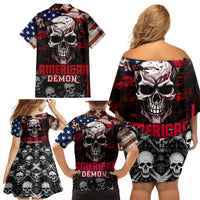 Skull Family Matching Off Shoulder Short Dress and Hawaiian Shirt American Demon - Wonder Print Shop