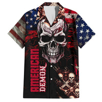 Black Hawaiian shirt with skull face, American flag stars, red 'American Demon' text, buttons