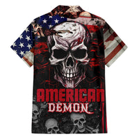 Black Hawaiian shirt with skull artwork, American flag sleeves, red demon graphic