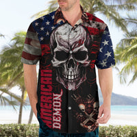 Black Hawaiian shirt with skull face and American flag print, red 'American Demon' lettering
