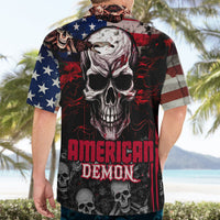 Black Hawaiian shirt featuring a large skull, American flag design, 'American Demon' text