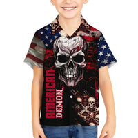 Kids' black Hawaiian shirt with skull artwork, American flag print, red 'American Demon' text