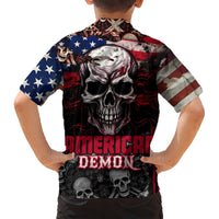 Black Hawaiian shirt with large skull back print, American flag sleeves, red 'American Demon'