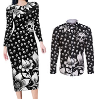 Skull Couples Matching Long Sleeve Bodycon Dress and Long Sleeve Button Shirts Cute Skull Fun and Floral - Wonder Print Shop