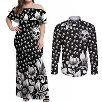 Skull Couples Matching Off Shoulder Maxi Dress and Long Sleeve Button Shirts Cute Skull Fun and Floral - Wonder Print Shop
