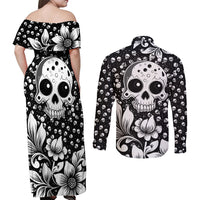 Skull Couples Matching Off Shoulder Maxi Dress and Long Sleeve Button Shirts Cute Skull Fun and Floral - Wonder Print Shop