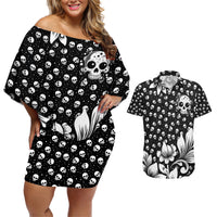 Skull Couples Matching Off Shoulder Short Dress and Hawaiian Shirt Cute Skull Fun and Floral - Wonder Print Shop