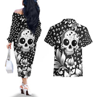 Skull Couples Matching Off The Shoulder Long Sleeve Dress and Hawaiian Shirt Cute Skull Fun and Floral - Wonder Print Shop