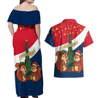 France Christmas Couples Matching Off Shoulder Maxi Dress and Hawaiian Shirt with Eiffel Tower Chipmunks Candy Canes and Starry Night Design - Wonder Print Shop