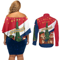 France Christmas Couples Matching Off Shoulder Short Dress and Long Sleeve Button Shirt with Eiffel Tower Chipmunks Candy Canes and Starry Night Design - Wonder Print Shop