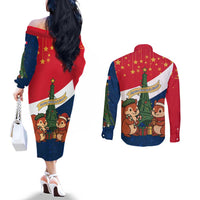 France Christmas Couples Matching Off The Shoulder Long Sleeve Dress and Long Sleeve Button Shirt with Eiffel Tower Chipmunks Candy Canes and Starry Night Design - Wonder Print Shop
