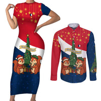 France Christmas Couples Matching Short Sleeve Bodycon Dress and Long Sleeve Button Shirt with Eiffel Tower Chipmunks Candy Canes and Starry Night Design - Wonder Print Shop