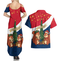 France Christmas Couples Matching Summer Maxi Dress and Hawaiian Shirt with Eiffel Tower Chipmunks Candy Canes and Starry Night Design - Wonder Print Shop
