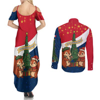 France Christmas Couples Matching Summer Maxi Dress and Long Sleeve Button Shirt with Eiffel Tower Chipmunks Candy Canes and Starry Night Design - Wonder Print Shop