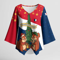 France Christmas Kimono Sleeve Blouse with Eiffel Tower Chipmunks Candy Canes and Starry Night Design - Wonder Print Shop