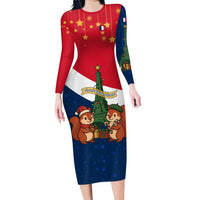 France Christmas Long Sleeve Bodycon Dress with Eiffel Tower Chipmunks Candy Canes and Starry Night Design - Wonder Print Shop