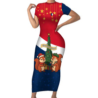 France Christmas Short Sleeve Bodycon Dress with Eiffel Tower Chipmunks Candy Canes and Starry Night Design - Wonder Print Shop