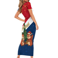 France Christmas Short Sleeve Bodycon Dress with Eiffel Tower Chipmunks Candy Canes and Starry Night Design - Wonder Print Shop