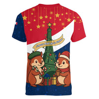 France Christmas Women V-Neck T-Shirt with Eiffel Tower Chipmunks Candy Canes and Starry Night Design - Wonder Print Shop