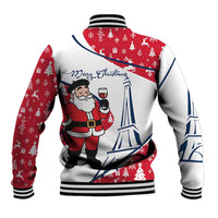 France Christmas Baseball Jacket with Santa Wine Glass Eiffel Tower and Holiday Icons Design - Wonder Print Shop
