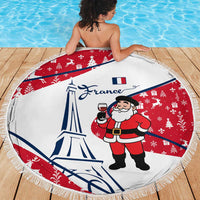 France Christmas Beach Blanket with Santa Wine Glass Eiffel Tower and Holiday Icons Design - Wonder Print Shop