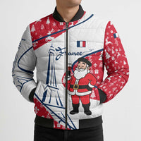France Christmas Bomber Puffer Jacket with Santa Wine Glass Eiffel Tower and Holiday Icons Design - Wonder Print Shop