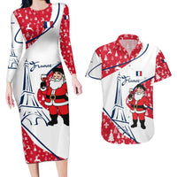 France Christmas Couples Matching Long Sleeve Bodycon Dress and Hawaiian Shirt with Santa Wine Glass Eiffel Tower and Holiday Icons Design - Wonder Print Shop