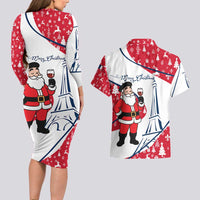 France Christmas Couples Matching Long Sleeve Bodycon Dress and Hawaiian Shirt with Santa Wine Glass Eiffel Tower and Holiday Icons Design - Wonder Print Shop