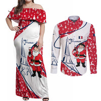 France Christmas Couples Matching Off Shoulder Maxi Dress and Long Sleeve Button Shirt with Santa Wine Glass Eiffel Tower and Holiday Icons Design - Wonder Print Shop