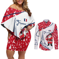 France Christmas Couples Matching Off Shoulder Short Dress and Long Sleeve Button Shirt with Santa Wine Glass Eiffel Tower and Holiday Icons Design - Wonder Print Shop