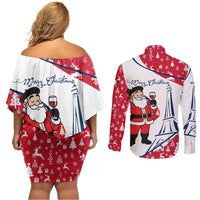France Christmas Couples Matching Off Shoulder Short Dress and Long Sleeve Button Shirt with Santa Wine Glass Eiffel Tower and Holiday Icons Design - Wonder Print Shop