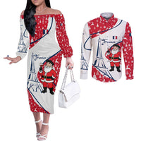 France Christmas Couples Matching Off The Shoulder Long Sleeve Dress and Long Sleeve Button Shirt with Santa Wine Glass Eiffel Tower and Holiday Icons Design - Wonder Print Shop