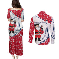 France Christmas Couples Matching Puletasi and Long Sleeve Button Shirt with Santa Wine Glass Eiffel Tower and Holiday Icons Design - Wonder Print Shop