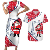 France Christmas Couples Matching Short Sleeve Bodycon Dress and Hawaiian Shirt with Santa Wine Glass Eiffel Tower and Holiday Icons Design - Wonder Print Shop