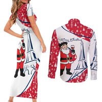 France Christmas Couples Matching Short Sleeve Bodycon Dress and Long Sleeve Button Shirt with Santa Wine Glass Eiffel Tower and Holiday Icons Design - Wonder Print Shop