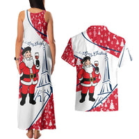 France Christmas Couples Matching Tank Maxi Dress and Hawaiian Shirt with Santa Wine Glass Eiffel Tower and Holiday Icons Design - Wonder Print Shop
