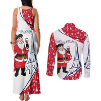 France Christmas Couples Matching Tank Maxi Dress and Long Sleeve Button Shirt with Santa Wine Glass Eiffel Tower and Holiday Icons Design - Wonder Print Shop