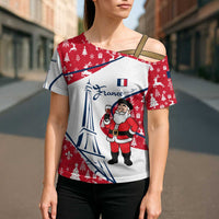France Christmas Cross Shoulder Shirt with Santa Wine Glass Eiffel Tower and Holiday Icons Design - Wonder Print Shop
