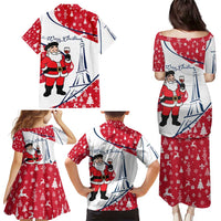 France Christmas Family Matching Puletasi and Hawaiian Shirt with Santa Wine Glass Eiffel Tower and Holiday Icons Design - Wonder Print Shop