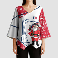 France Christmas Kimono Sleeve Blouse with Santa Wine Glass Eiffel Tower and Holiday Icons Design - Wonder Print Shop
