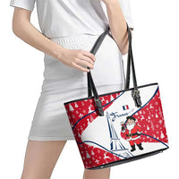 France Christmas Leather Tote Bag with Santa Wine Glass Eiffel Tower and Holiday Icons Design - Wonder Print Shop