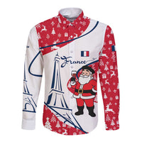 France Christmas Long Sleeve Button Shirt with Santa Wine Glass Eiffel Tower and Holiday Icons Design - Wonder Print Shop