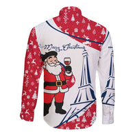 France Christmas Long Sleeve Button Shirt with Santa Wine Glass Eiffel Tower and Holiday Icons Design - Wonder Print Shop