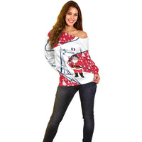 France Christmas Off Shoulder Sweater with Santa Wine Glass Eiffel Tower and Holiday Icons Design - Wonder Print Shop
