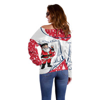 France Christmas Off Shoulder Sweater with Santa Wine Glass Eiffel Tower and Holiday Icons Design - Wonder Print Shop