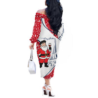 France Christmas Off The Shoulder Long Sleeve Dress with Santa Wine Glass Eiffel Tower and Holiday Icons Design - Wonder Print Shop