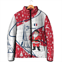 France Christmas Padded Jacket with Santa Wine Glass Eiffel Tower and Holiday Icons Design - Wonder Print Shop